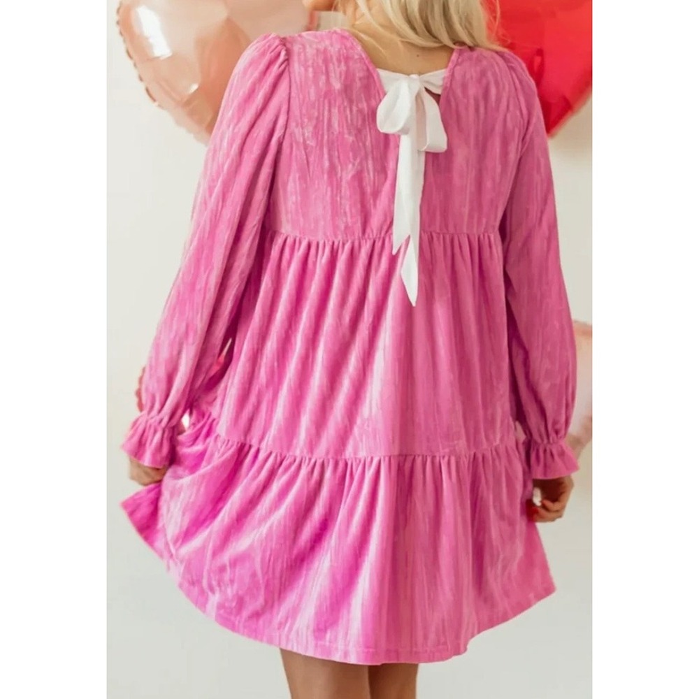 Pink Velvet Tiered Ruffle Dress Flounce Sleeves Bow Tie Closure Women's Medium